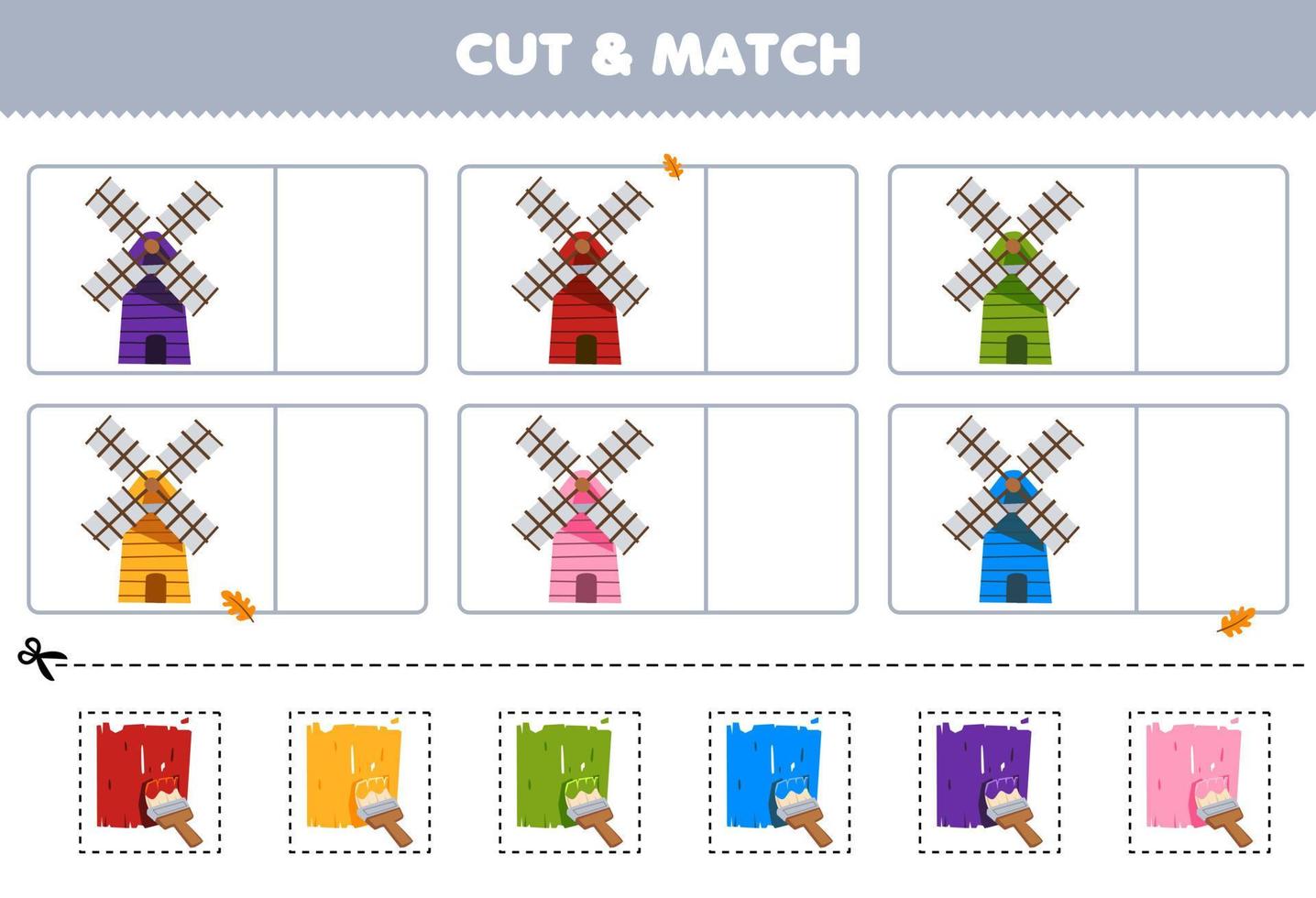 Education game for children cut and match the same color of cute cartoon windmill printable farm worksheet vector