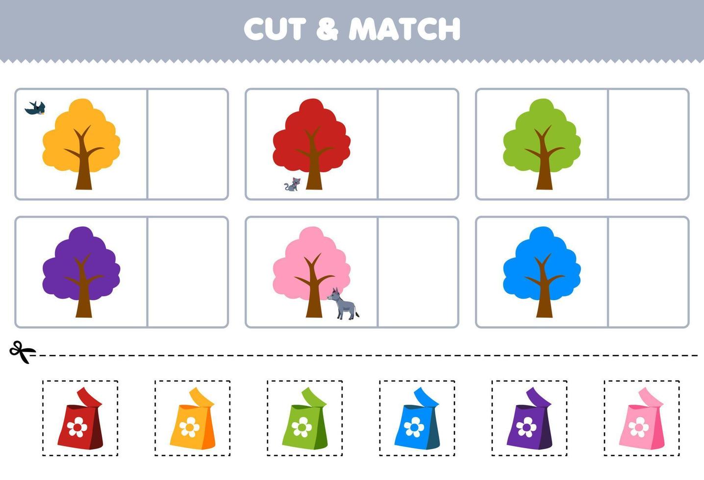 juego educativo para niños corta y combina el mismo color de la hoja de trabajo de granja imprimible del árbol de dibujos animados lindo vector