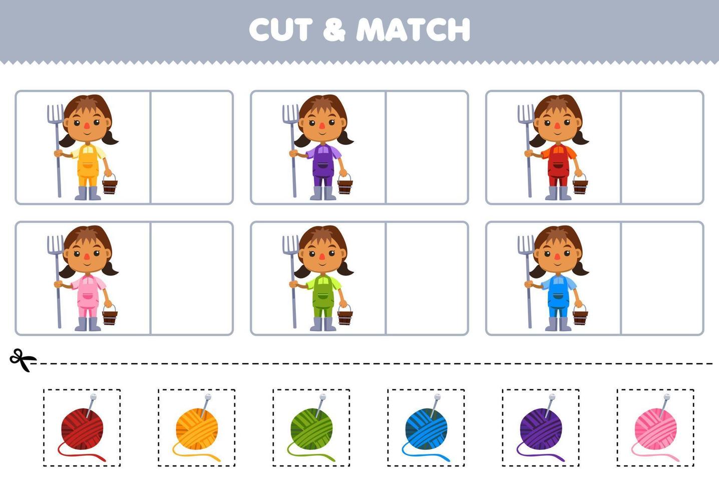 Education game for children cut and match the same color of cute cartoon farmer girl printable farm worksheet vector