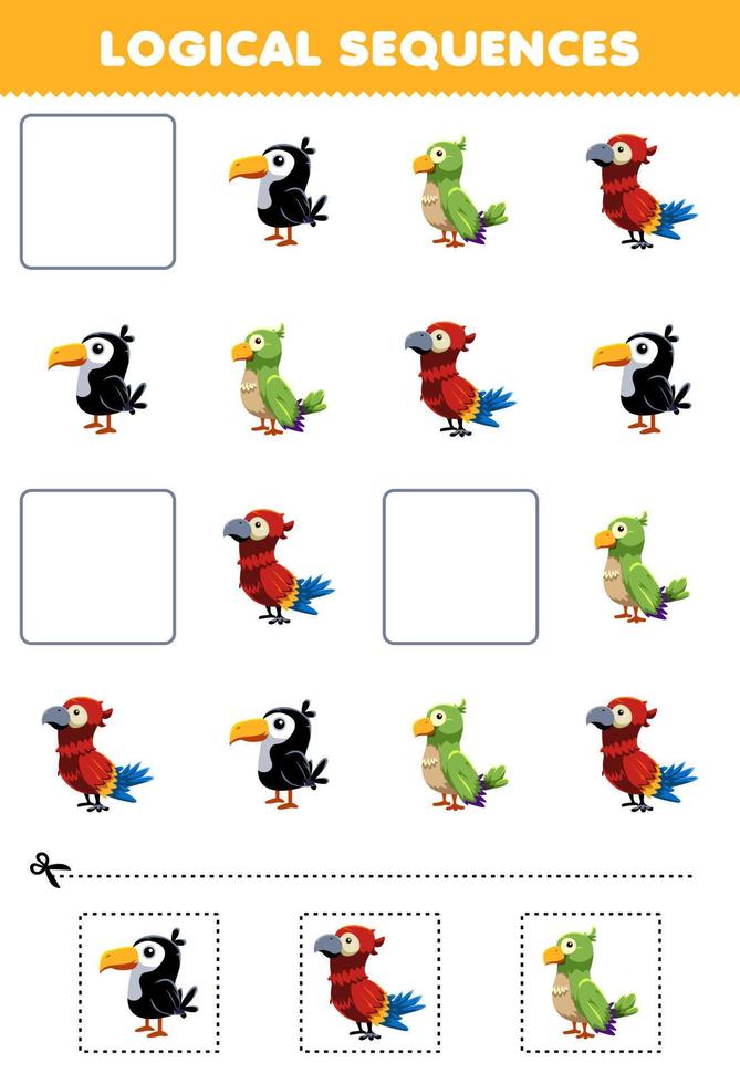 Education game for children logical sequences for kids with cute cartoon toucan parakeet parrot picture printable bird animal worksheet vector