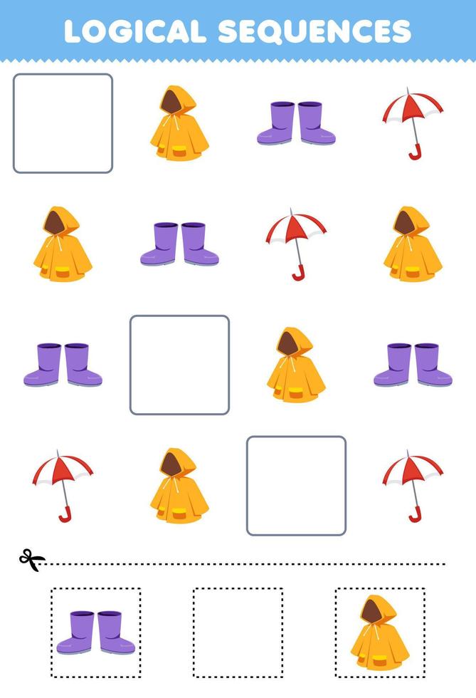 Education game for children logical sequences for kids with cute cartoon raincoat boots umbrella printable wearable clothes worksheet vector