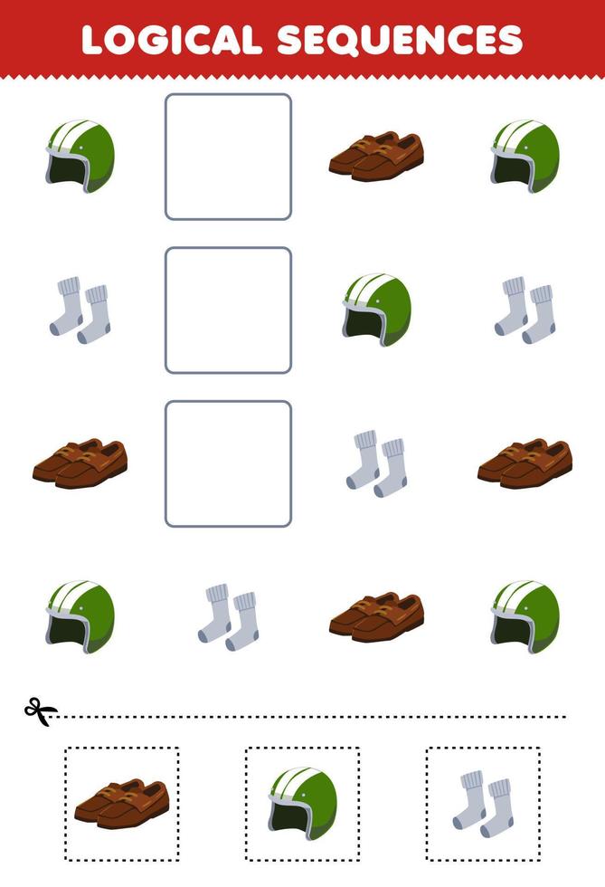 Education game for children logical sequences for kids with cute cartoon helm shoes socks printable wearable clothes worksheet vector