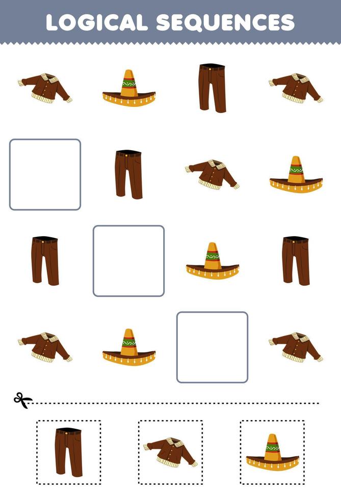 Education game for children logical sequences for kids with cute cartoon jacket sombrero hat trouser printable wearable clothes worksheet vector