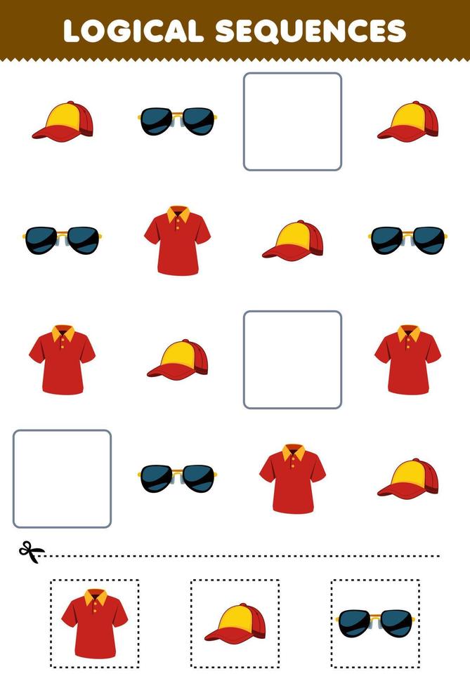 juego educativo para niños secuencias lógicas para niños con linda gorra de dibujos animados gafas de sol camisa de polo hoja de trabajo de ropa usable imprimible vector