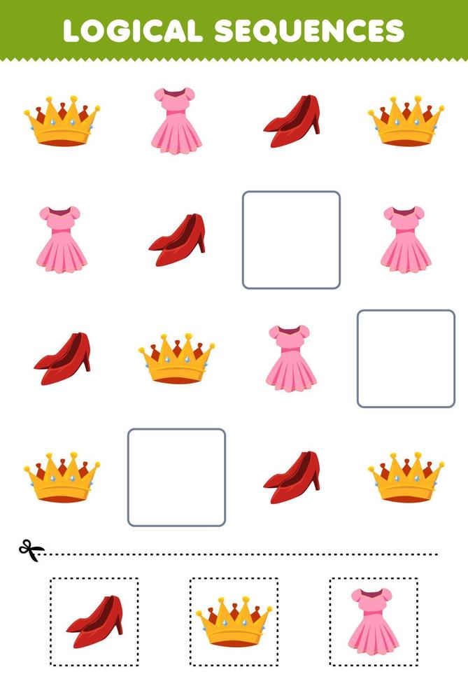 Education game for children logical sequences for kids with cute cartoon crown dress heels printable wearable clothes worksheet vector