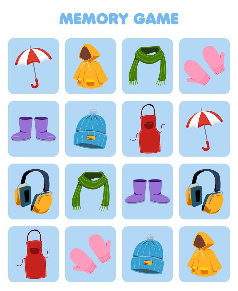 Education game for children memory to find similar pictures of cartoon umbrella raincoat scarf mitten boot beanie hat apron headphone printable clothes worksheet vector