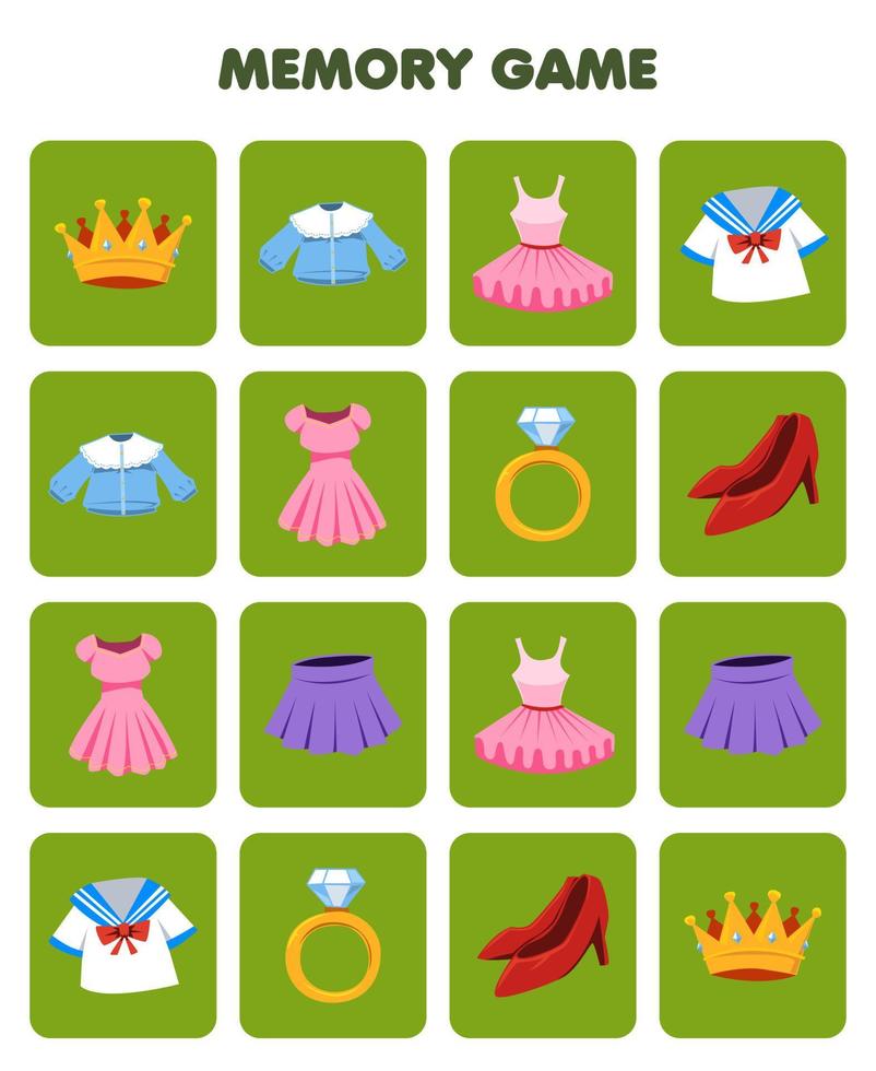 Education game for children memory to find similar pictures of cartoon crown blouse tutu uniform dress ring heels skirt printable clothes worksheet vector