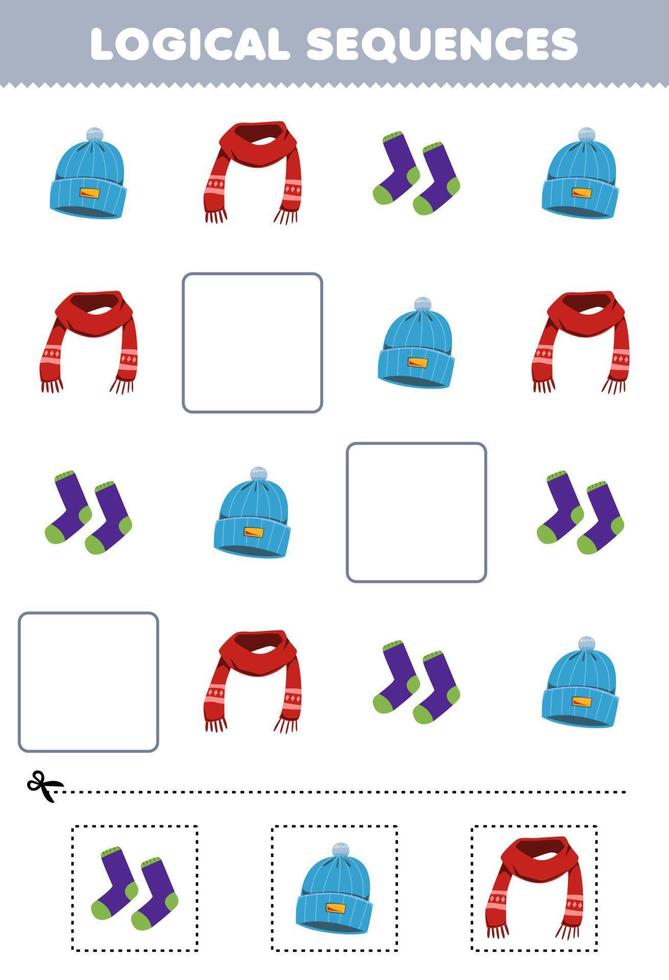 juego educativo para niños secuencias lógicas para niños con lindos dibujos animados gorro bufanda calcetines imprimible ropa usable hoja de trabajo vector