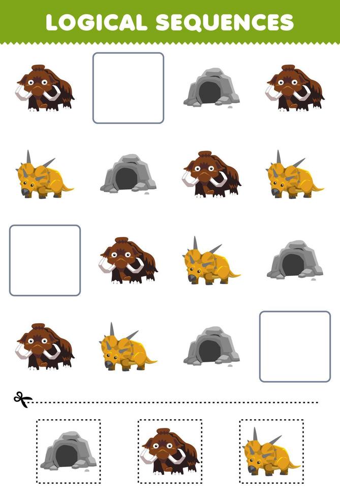 juego educativo para niños secuencias lógicas para niños con linda caricatura mamut cueva xenoceratops hoja de trabajo de dinosaurio prehistórico imprimible vector