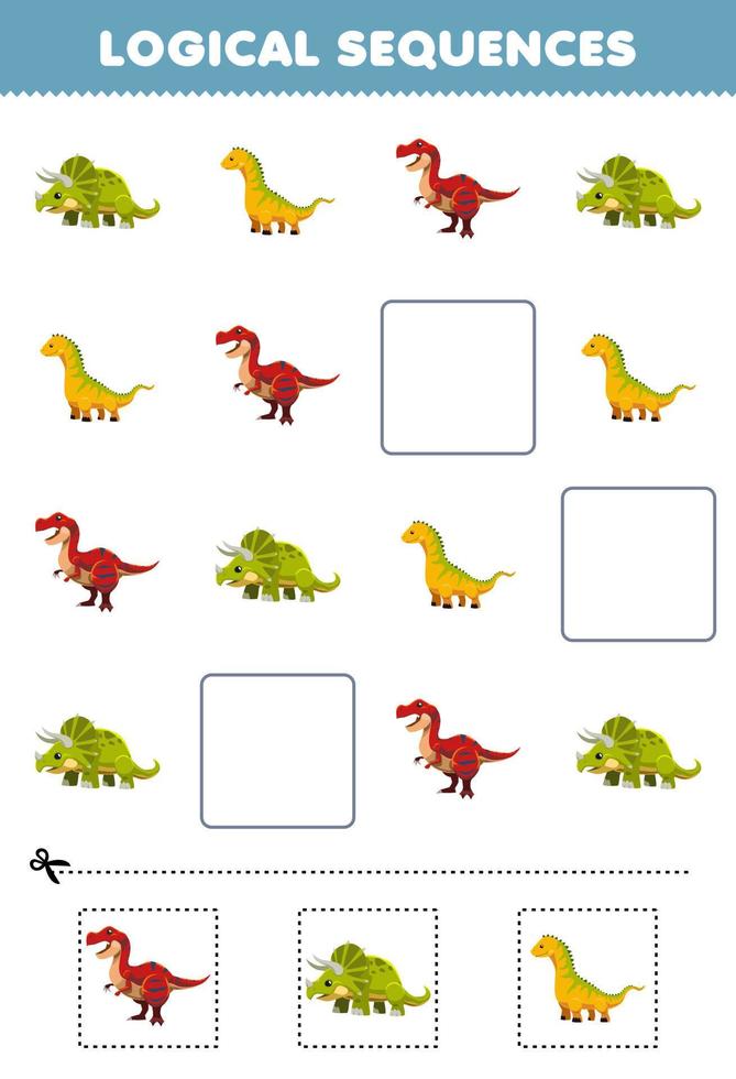 Education game for children logical sequences for kids with cute cartoon triceratops isisaurus tyrannosaurus printable prehistoric dinosaur worksheet vector