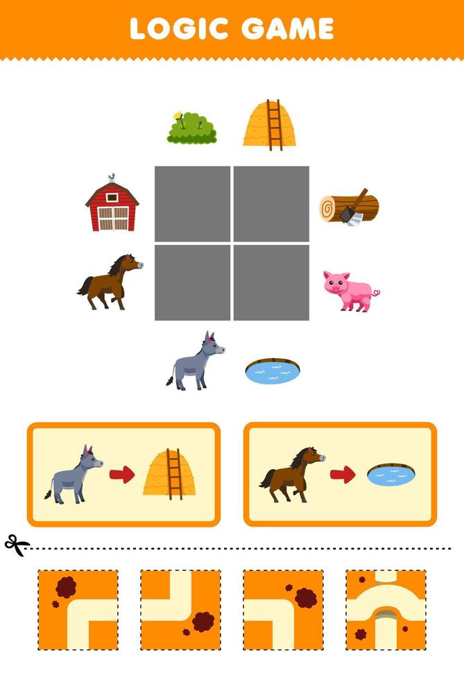 juego educativo para niños rompecabezas de lógica construir el camino para la hoja de trabajo de granja imprimible de burro y caballo de dibujos animados lindo vector