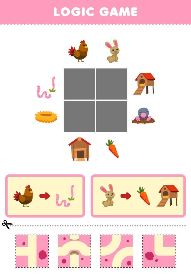 Education game for children logic puzzle build the road for cute cartoon chicken and rabbit printable farm worksheet vector