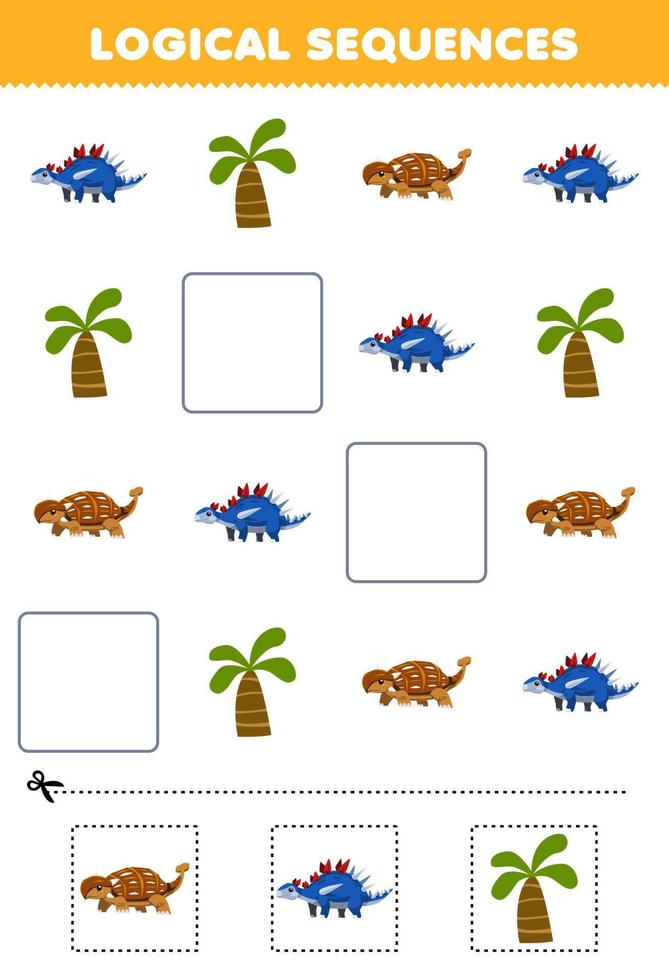 Education game for children logical sequences for kids with cute cartoon kentosaurus tree ankylosaurus printable prehistoric dinosaur worksheet vector