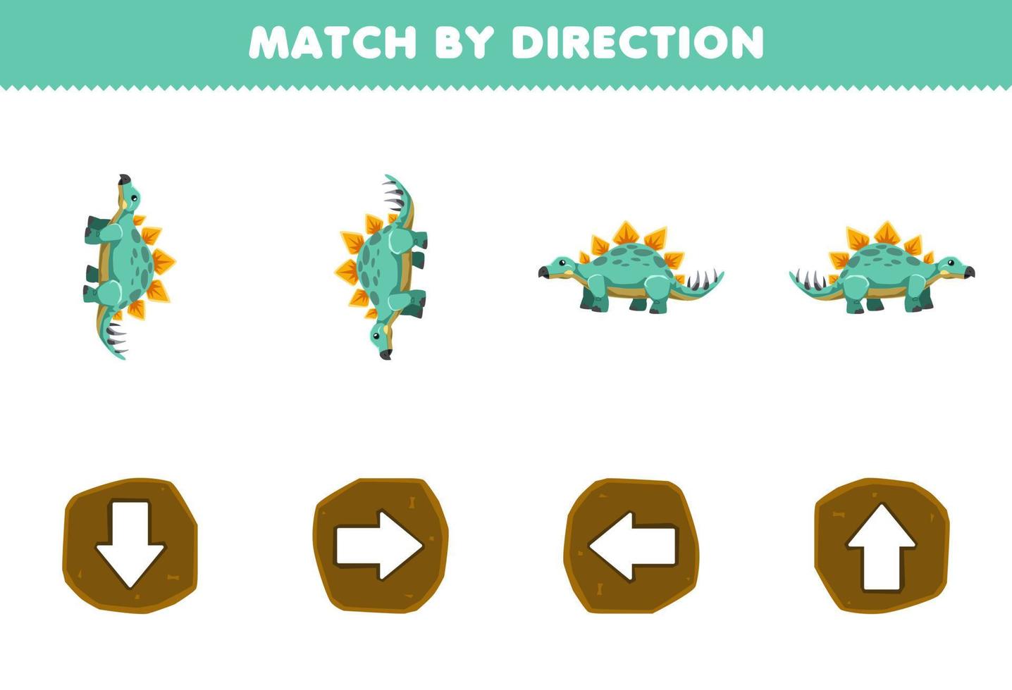 Education game for children match by direction left right up or down orientation of cute cartoon stegosaurus printable prehistoric dinosaur worksheet vector