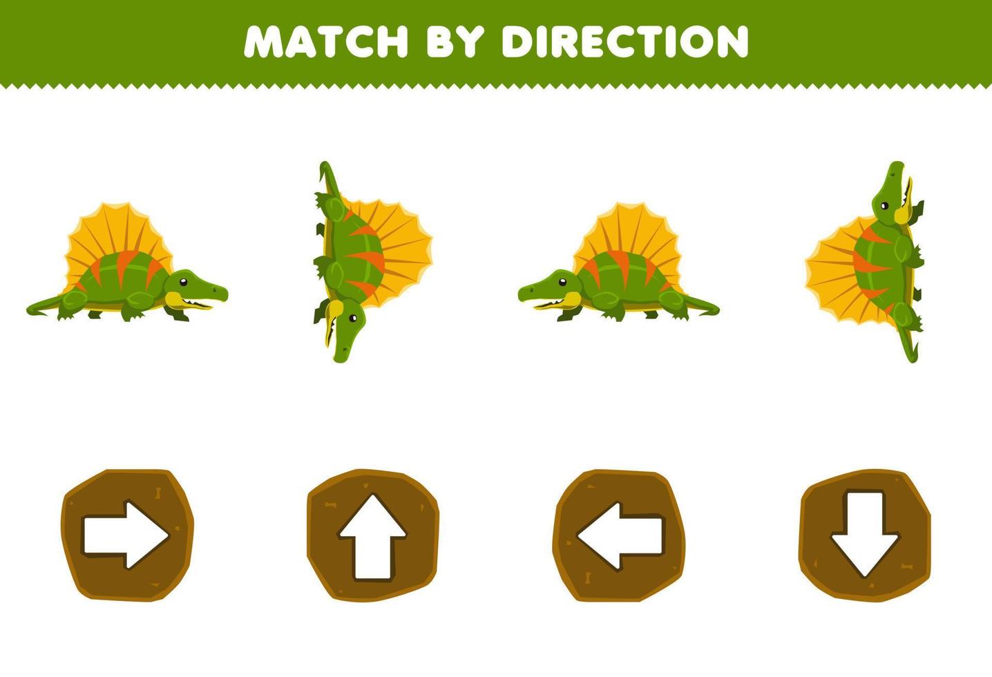 Education game for children match by direction left right up or down orientation of cute cartoon dimetrodon printable prehistoric dinosaur worksheet vector