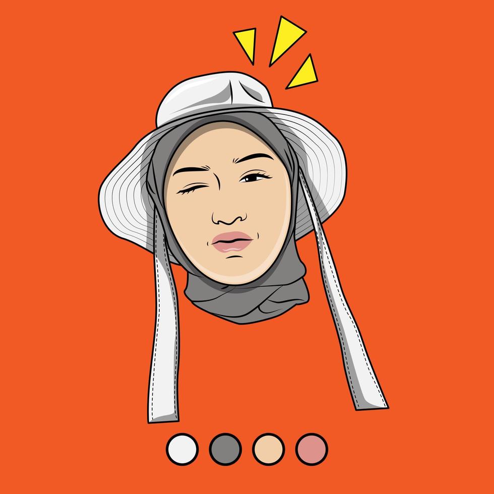 vector illustration of face of a Muslim girl in a hood with a hat with a funny expression