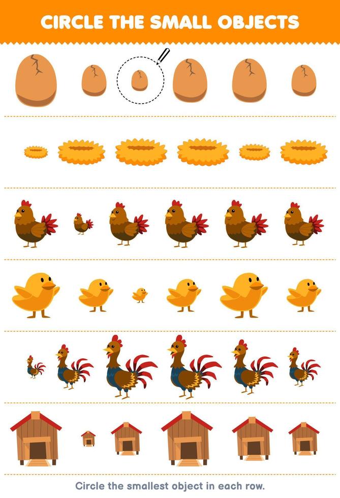 Education game for children circle the smallest object in each row of cute cartoon egg nest chicken hen chick rooster coop printable farm worksheet vector