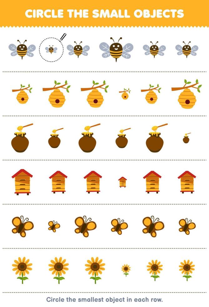 Education game for children circle the smallest object in each row of cute cartoon bee beehive honey butterfly sunflower printable farm worksheet vector
