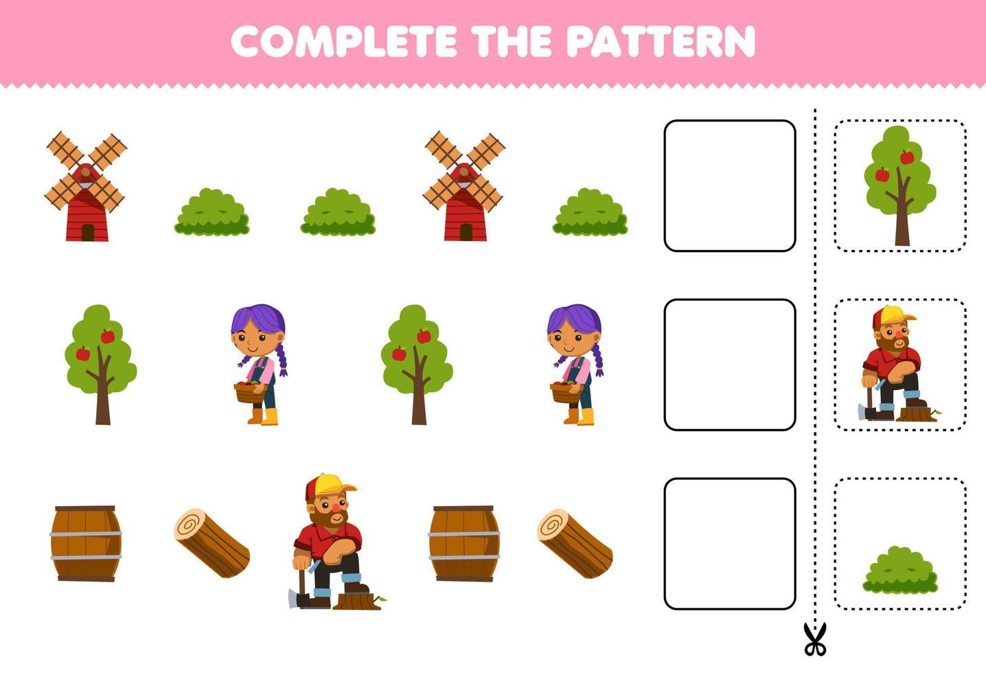 Education game for children complete the pattern logical thinking find the regularity and continue the row task with cartoon windmill bush tree farmer girl woodcutter wood log barrel vector