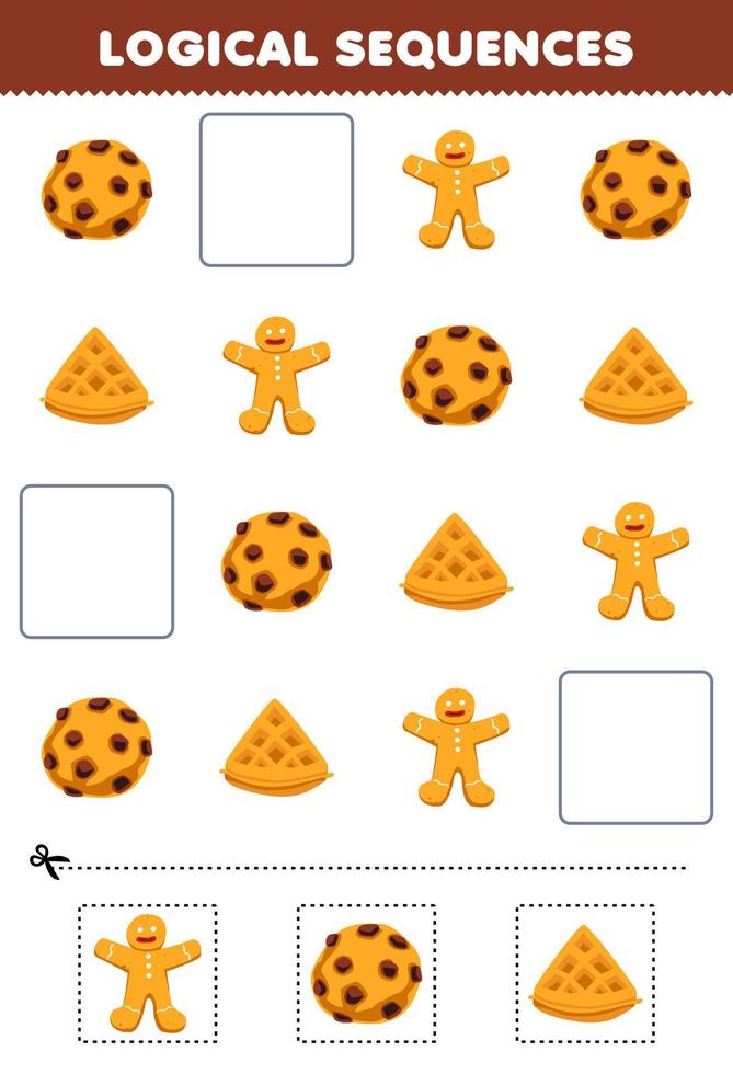 Education game for children logical sequences for kids with cute cartoon cookie gingerbread waffle printable food worksheet vector