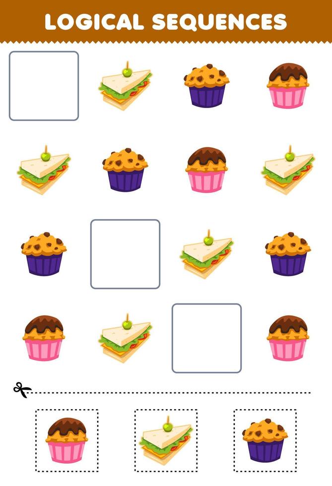 Education game for children logical sequences for kids with cute cartoon sandwich muffin cupcake printable food worksheet vector