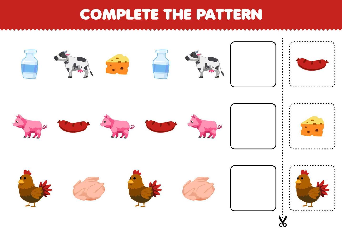 Education game for children complete the pattern logical thinking find the regularity and continue the row task with cartoon cow milk cheese pig sausage chicken meat vector