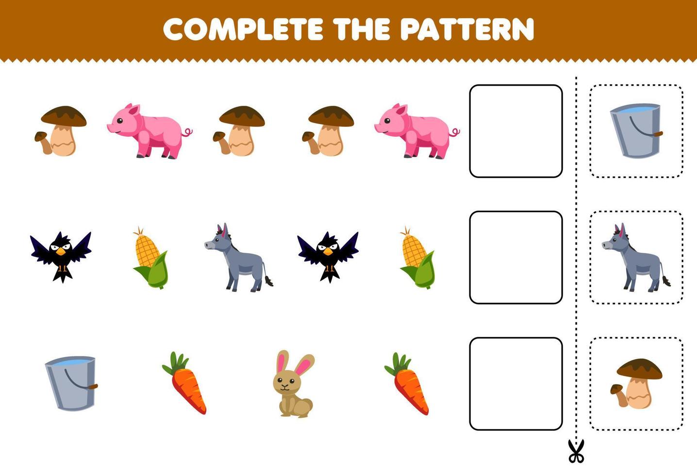 Education game for children complete the pattern logical thinking find the regularity and continue the row task with cartoon mushroom pig crow corn donkey bucket carrot rabbit vector