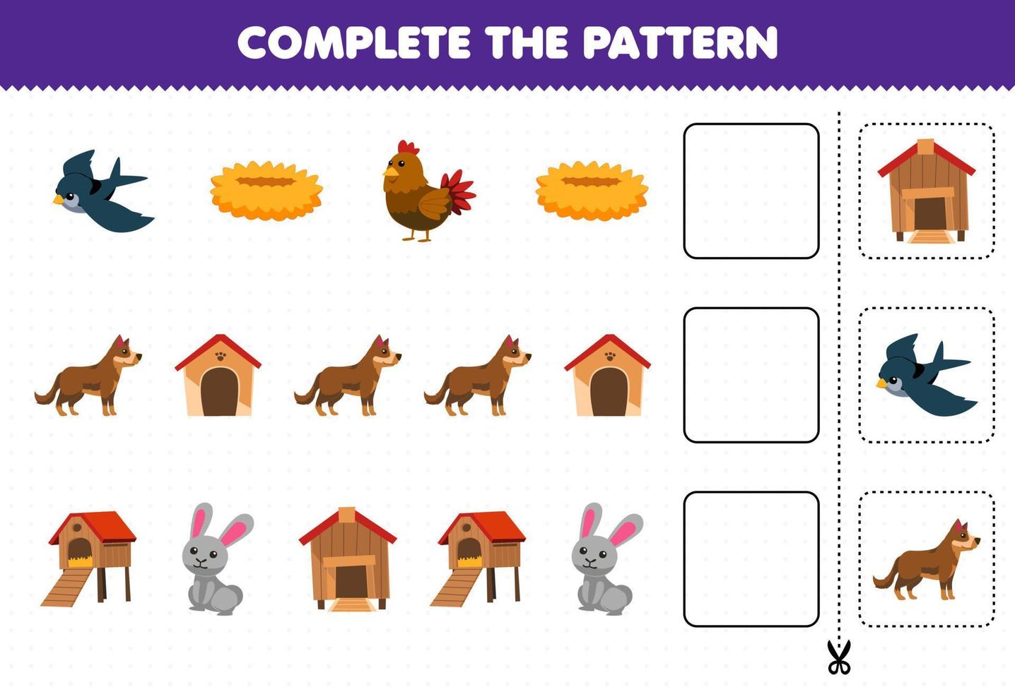 Education game for children complete the pattern logical thinking find the regularity and continue the row task with cartoon bird nest chicken coop dog kennel rabbit hutch vector