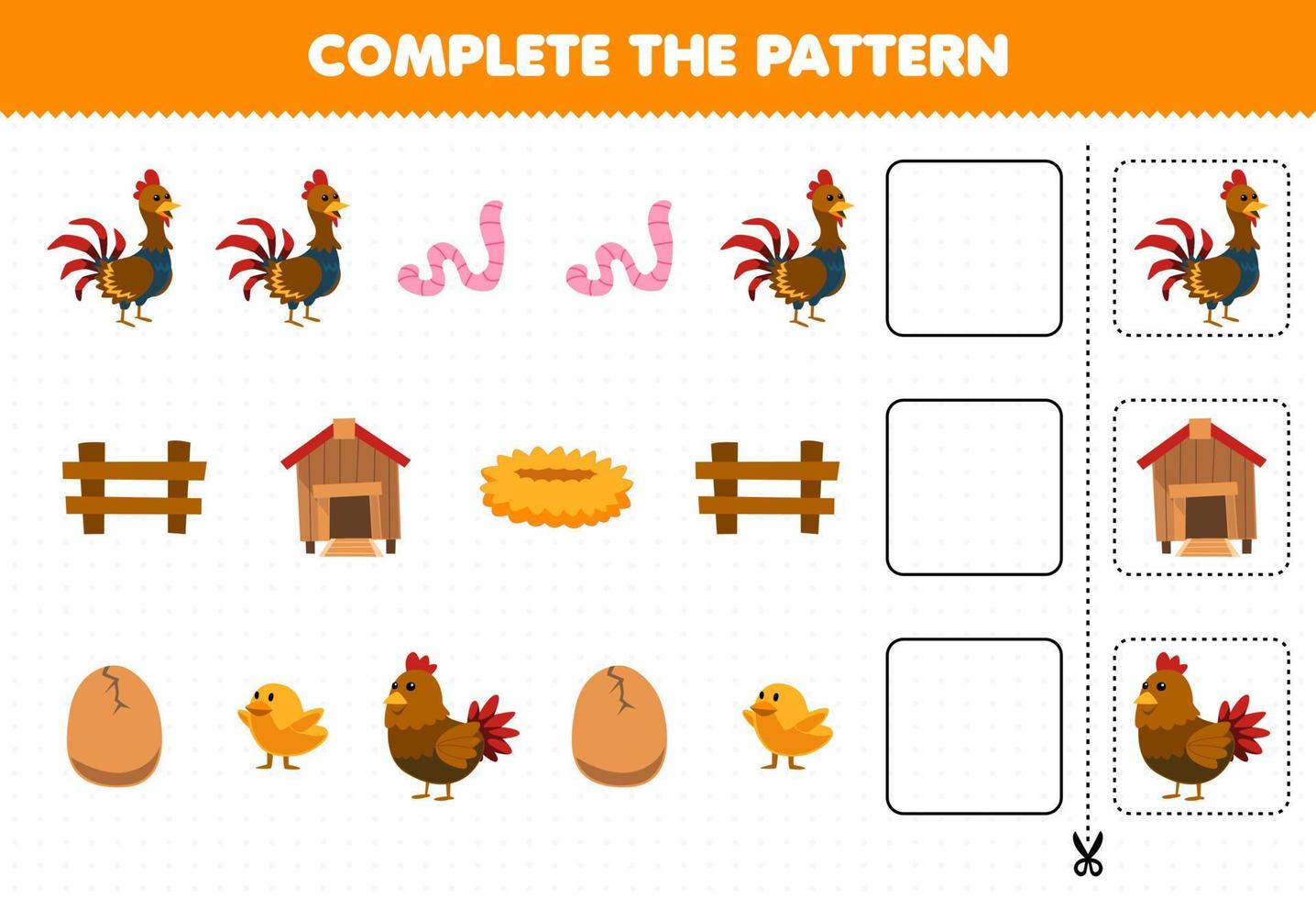 Education game for children complete the pattern logical thinking find the regularity and continue the row task with cartoon chicken hen chick rooster worm coop nest fence vector