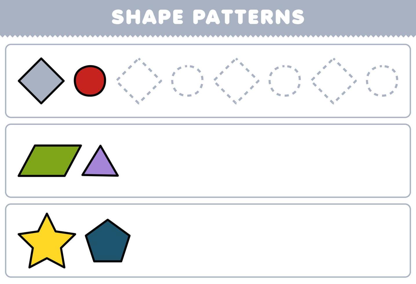 juego educativo para niños completar el patrón de rombo círculo paralelogramo triángulo estrella pentágono hoja de trabajo de formas geométricas vector
