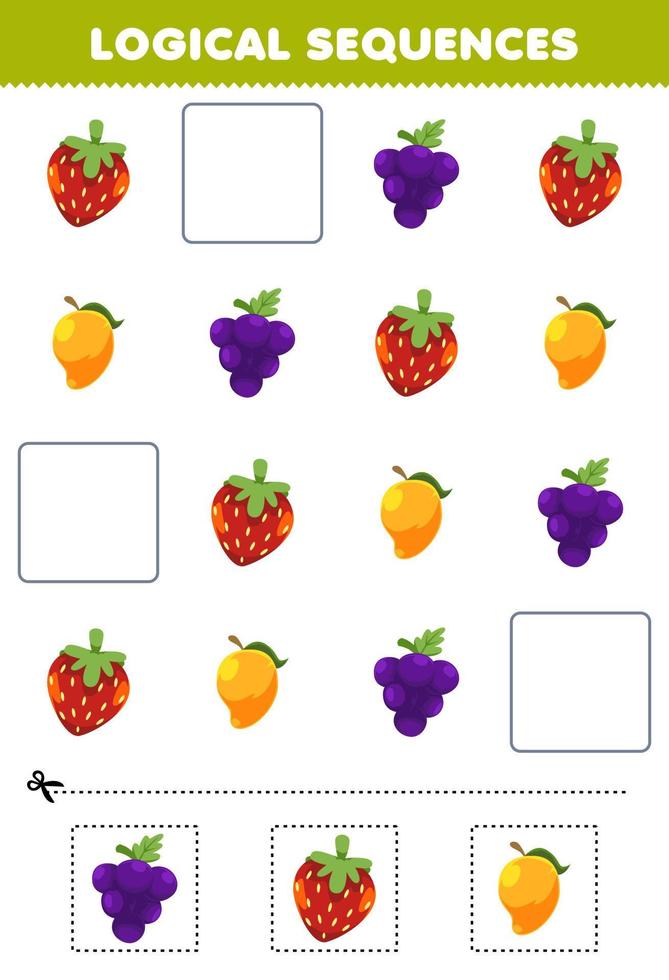 Education game for children logical sequences for kids with cute cartoon strawberry grape mango printable fruit worksheet vector