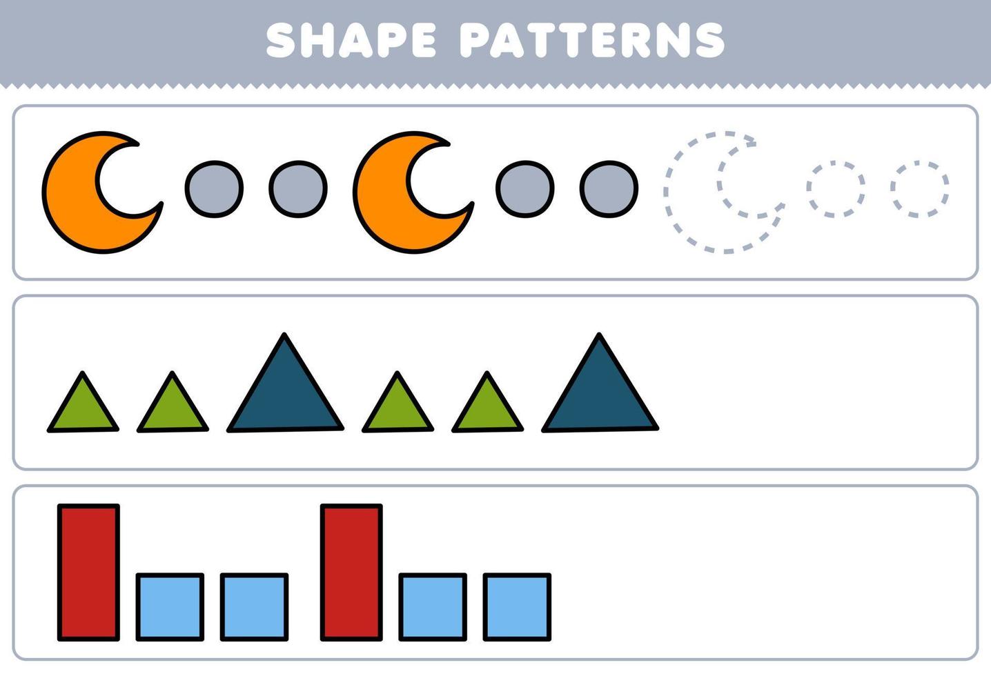 juego educativo para niños completar el patrón de la hoja de trabajo de formas geométricas de círculo creciente triángulo rectángulo cuadrado vector