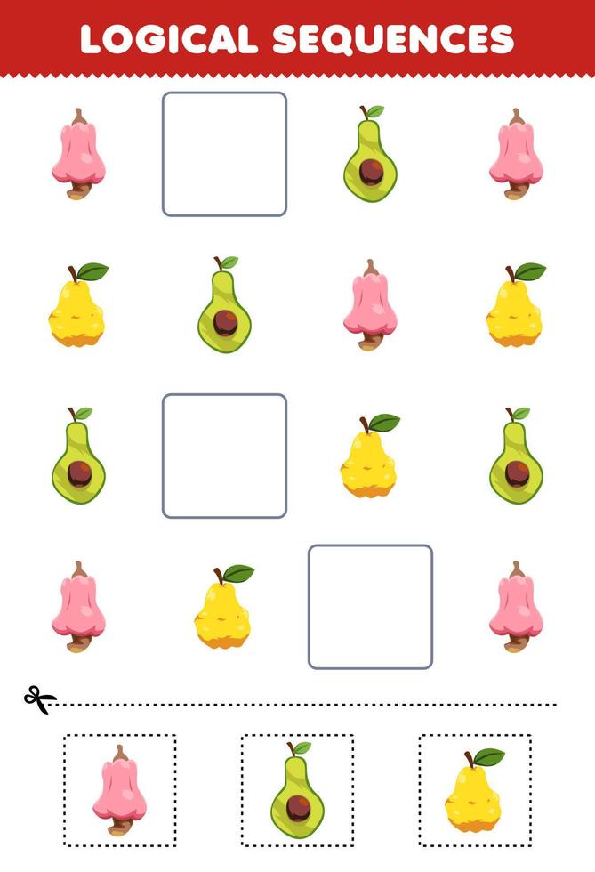 juego educativo para niños secuencias lógicas para niños con dibujos animados lindo anacardo aguacate hoja de trabajo imprimible de frutas vector