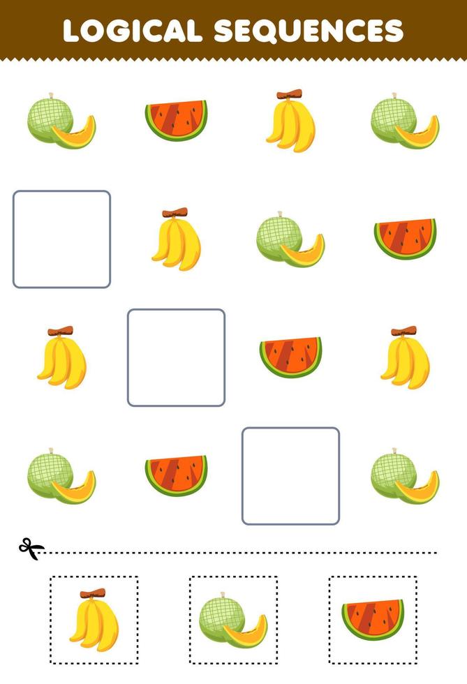 Education game for children logical sequences for kids with cute cartoon melon watermelon banana printable fruit worksheet vector