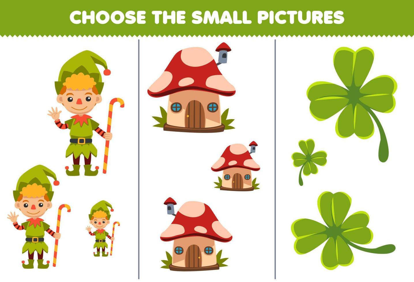 Education game for children choose the small picture of cute cartoon cloverleaf mushroom house dwarf costume printable halloween worksheet vector