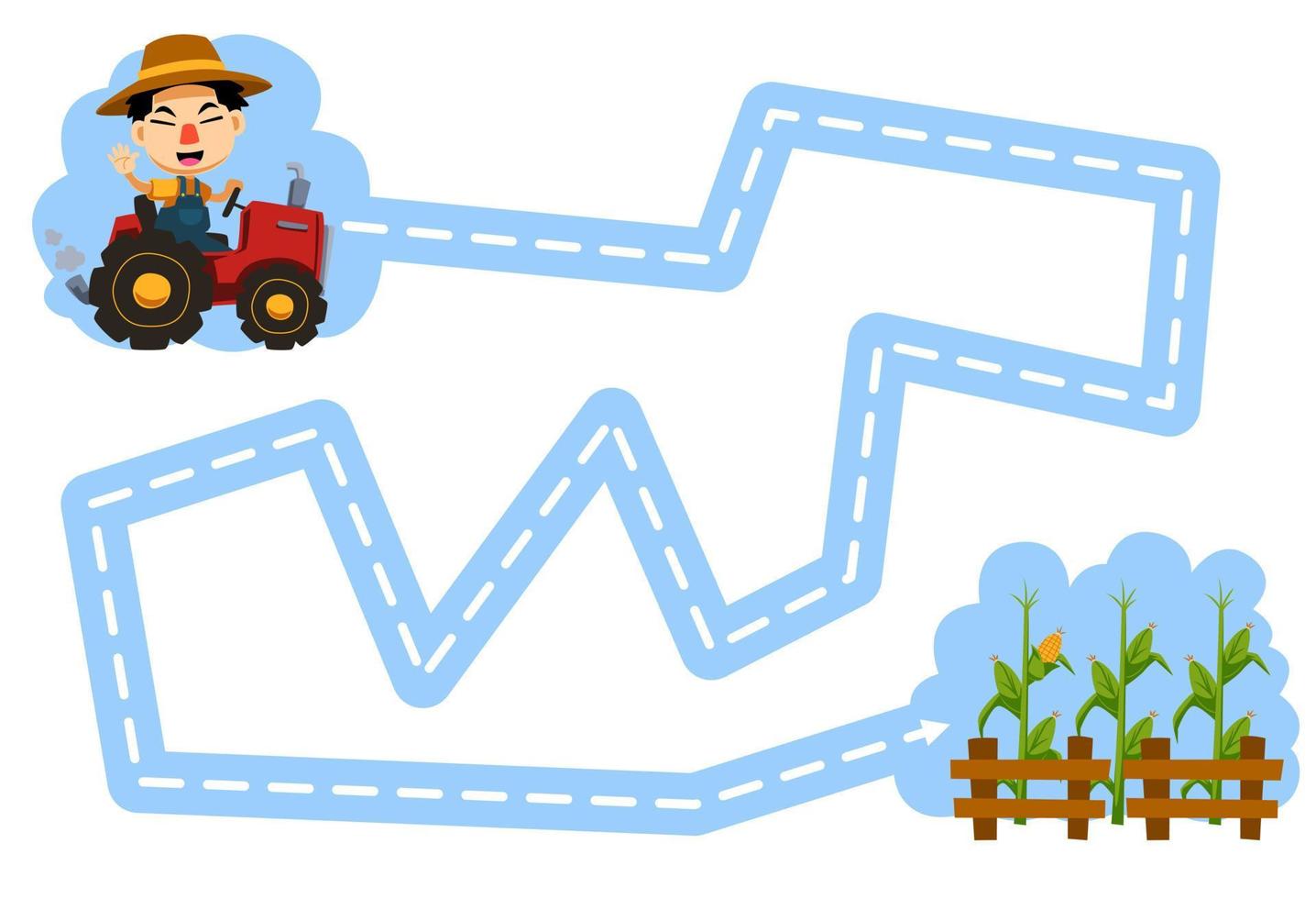 juego educativo para niños práctica de escritura a mano trazar las líneas ayudar a granjero de dibujos animados lindo conducir tractor mover al campo de maíz hoja de trabajo de granja imprimible vector