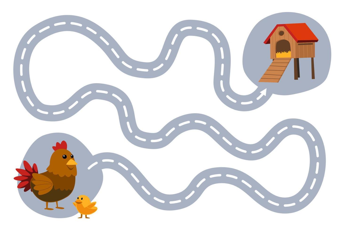 Education game for children handwriting practice trace the lines help cute cartoon chicken and chick move to coop printable farm worksheet vector