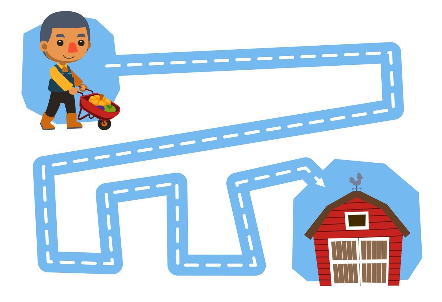 Education game for children handwriting practice trace the lines help cute cartoon farmer boy move to barn printable farm worksheet vector