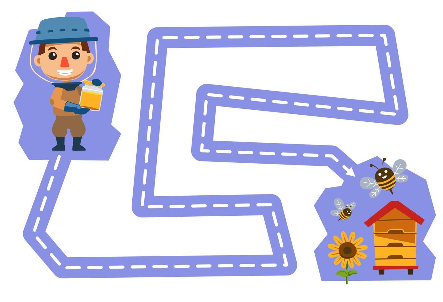 Education game for children handwriting practice trace the lines help cute cartoon honey farmer move to beehive printable farm worksheet vector