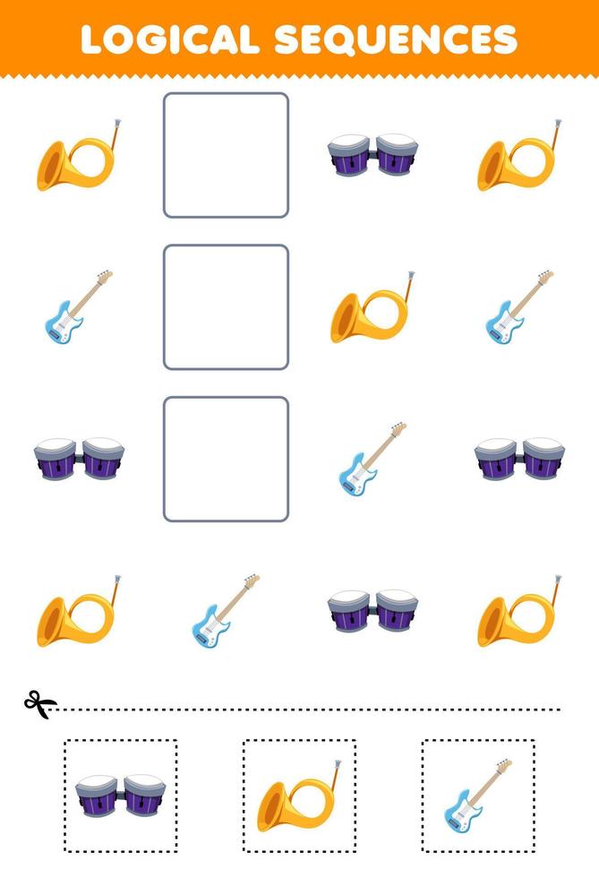 Education game for children logical sequences for kids with cartoon horn bongo bass guitar printable music instrument worksheet vector