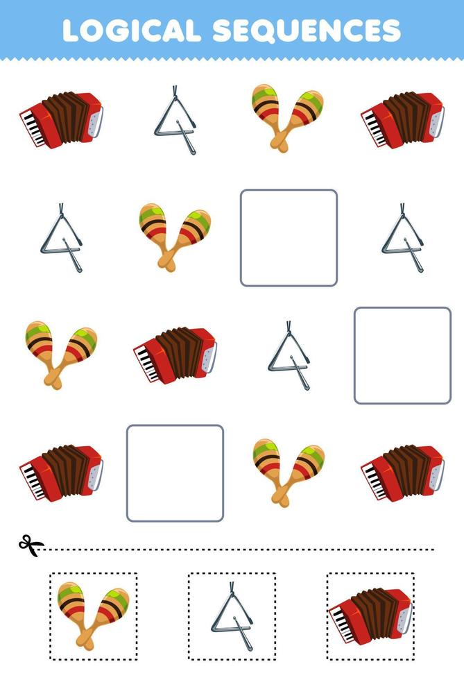 Education game for children logical sequences for kids with cartoon accordion triangle maracas printable music instrument worksheet vector