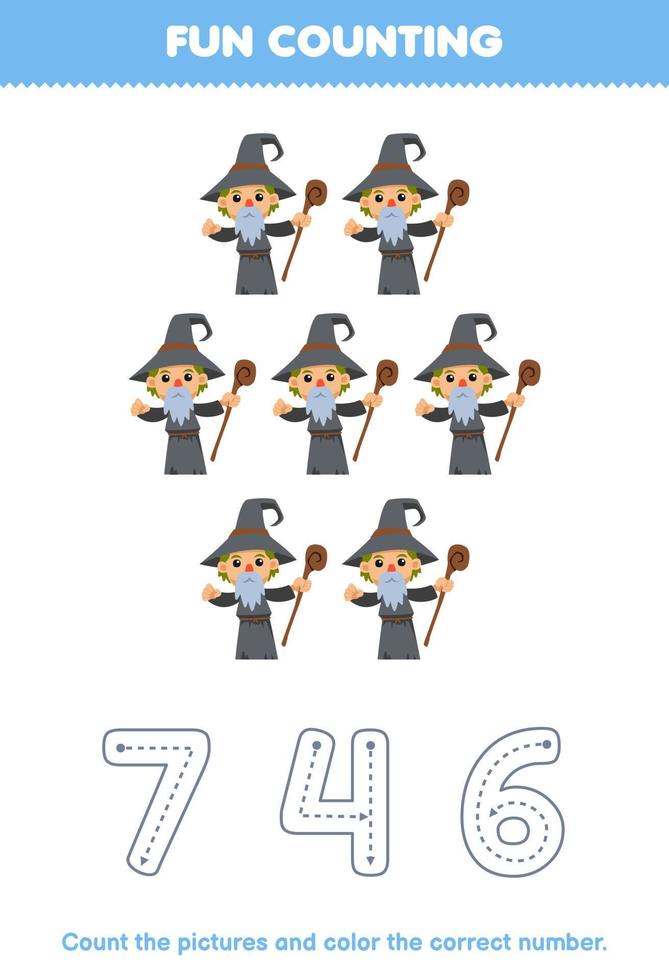 Education game for children count the pictures and color the correct number from cute cartoon wizard printable halloween worksheet vector