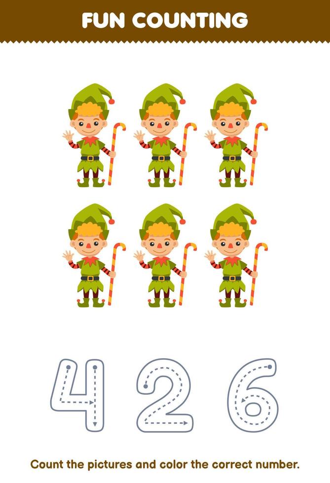 Education game for children count the pictures and color the correct number from cute cartoon dwarf printable halloween worksheet vector