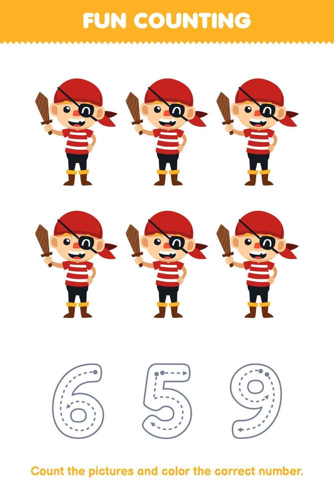 Education game for children count the pictures and color the correct number from cute cartoon pirate boy printable halloween worksheet vector
