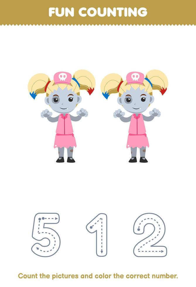Education game for children count the pictures and color the correct number from cute cartoon zombie nurse printable halloween worksheet vector