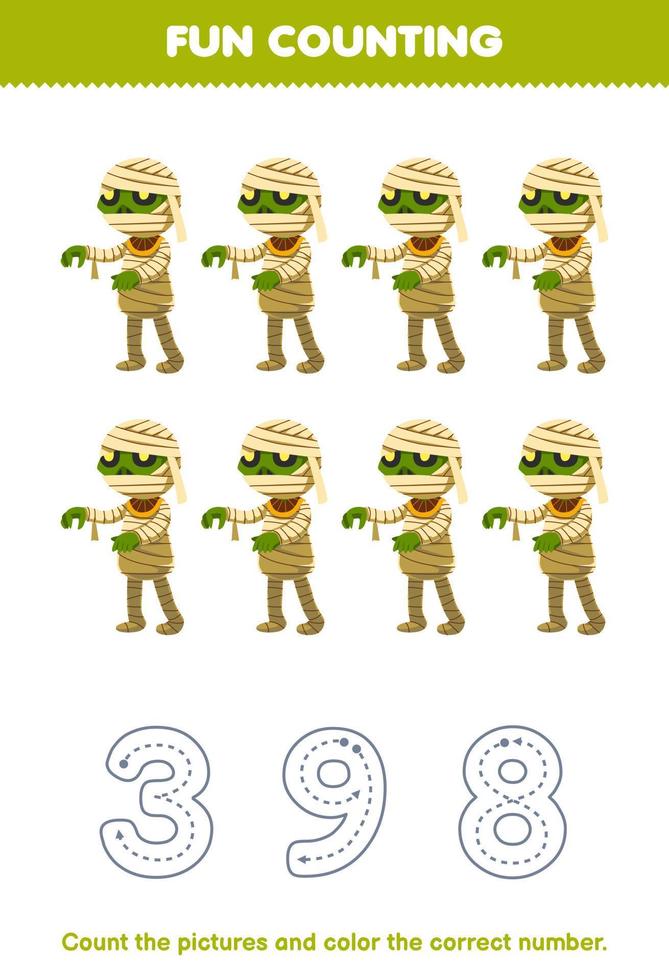 Education game for children count the pictures and color the correct number from cute cartoon mummy printable halloween worksheet vector