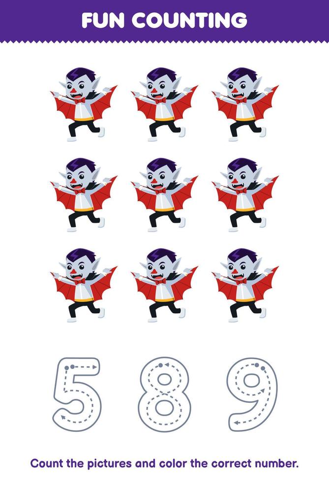 Education game for children count the pictures and color the correct number from cute cartoon dracula printable halloween worksheet vector