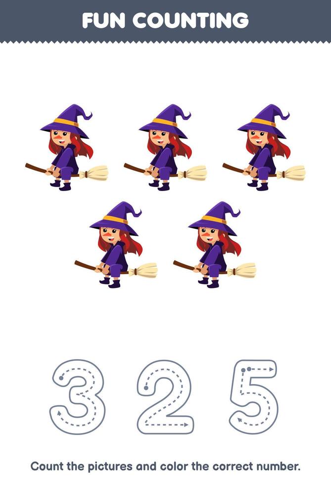 Education game for children count the pictures and color the correct number from cute cartoon witch printable halloween worksheet vector