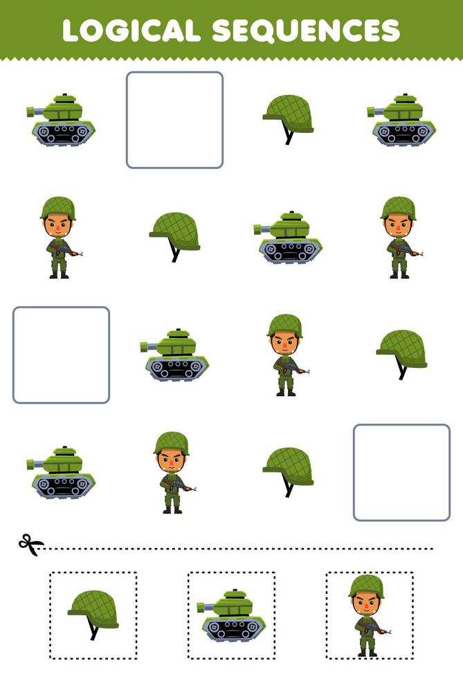 Education game for children logical sequences for kids with cute cartoon tank helm army printable profession worksheet vector