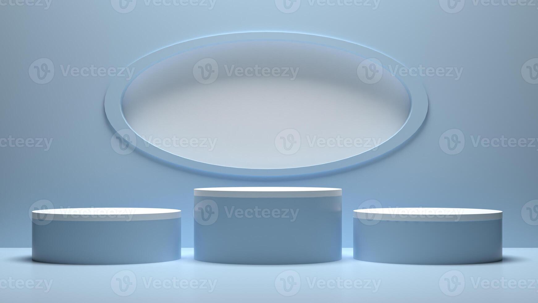 Three white pedestal stands with an oval shape in front of them photo